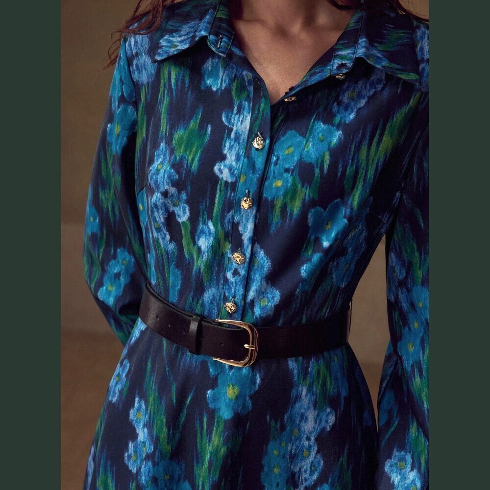 Blue Floral Print Maxi Shirt Dress with Collar - Picture 2 of 6